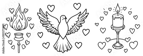 Religious symbols set with dove bird candle and flame hearts vector sketch