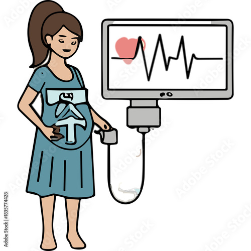 Pregnant Woman Undergoing Ultrasound Examination With Heartbeat Monitor Display Showing Fetal Well Being In Clinical Setting Vector Illustration