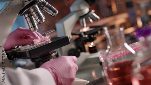 Illuminating Genetic Secrets - Scientist Analyzing Genetic Material with Microscope in Biotechnology Lab