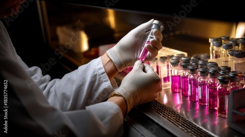 Scientific Experimentation: Lab Technician Injecting Liquid into Test Tubes with Cinematic Lighting and Leading Lines