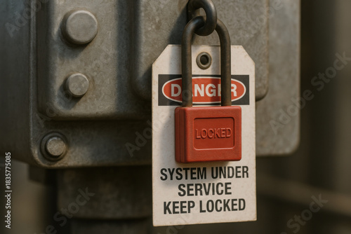 Cautionary macro shot of red LOTO padlock on warning tag. tag reads DANGER SYSTEM UNDER SERVICE KEEP LOCKED on industrial steel equipment, emphasizing safety procedures