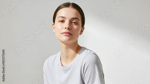 Natural-looking young woman no makeup fresh bare face wearing simple clothing 