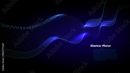 Futuristic vector data wave with glowing blue particles forming a dynamic flowing structure on a dark background, perfect for AI concepts, digital networks, analytics visuals, technology presentations