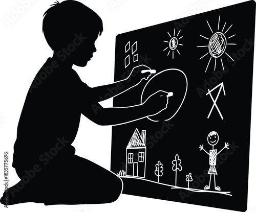 Child silhouette drawing creative imagination on blackboard blackboard drawings childhood creativity learning art illustration vector