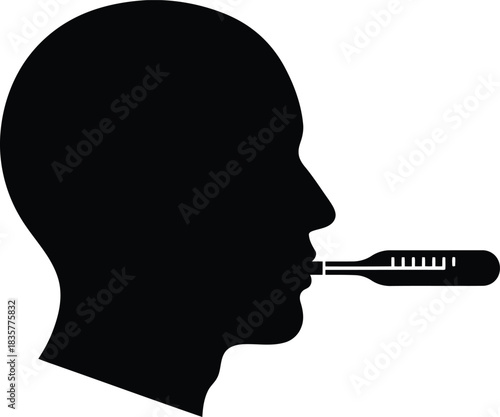 Person head silhouette with thermometer in mouth indicating sickness or fever check vector
