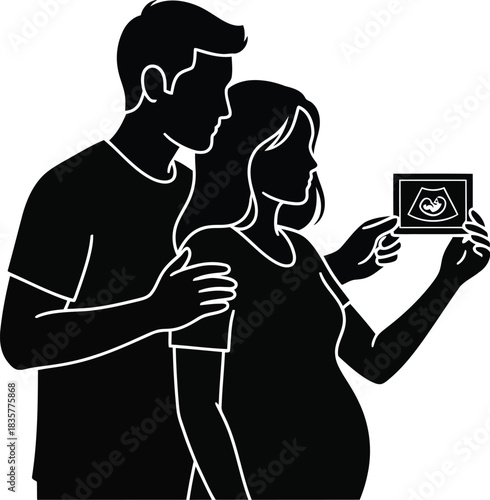 Happy couple holding ultrasound sonogram showing baby joy anticipation of parenthood future family bonding vector