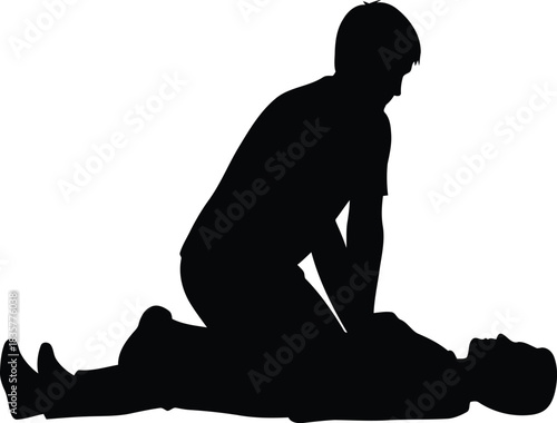 Silhouette of person performing cpr on another person for medical emergency health care and first aid training vector
