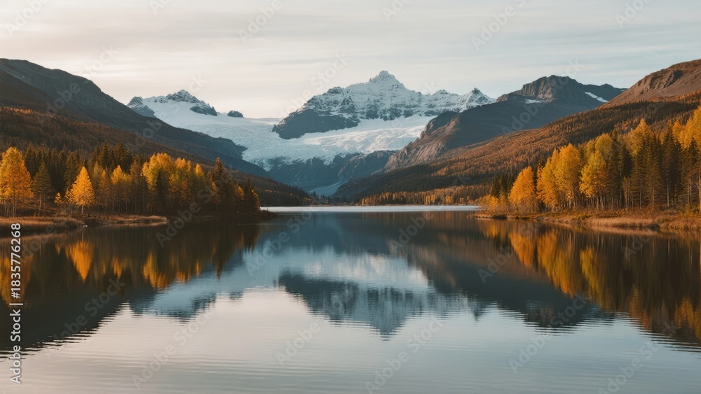 Fototapeta premium Serene mountain lake reflecting autumn trees and snow-capped peaks