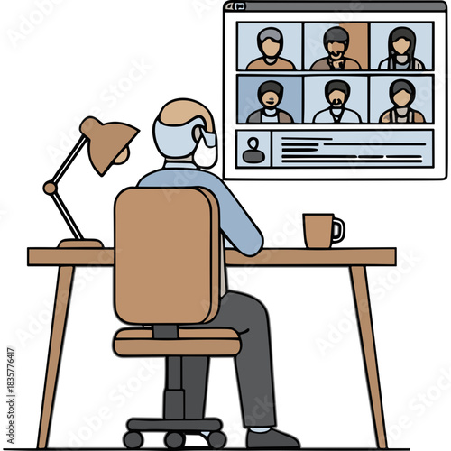 Remote worker attends virtual meeting from home office wearing mask seated at desk with laptop and lamp communicating with colleagues on screen displaying multiple participants
