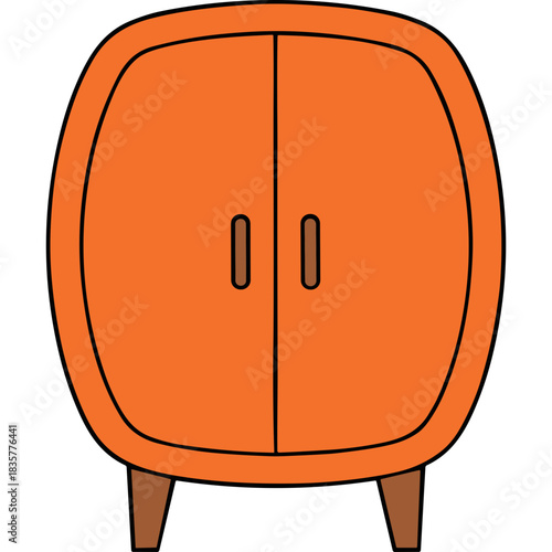 Retro Orange Cabinet With Two Doors and Wooden Legs on a Black Background