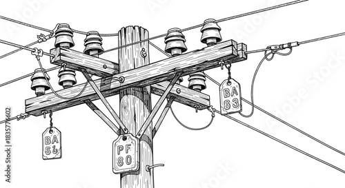 Wooden utility pole, electrical insulators, power lines, infrastructure, energy distribution, rural grid, schematic style, blue monochrome illustration