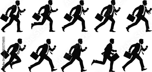 Businessman, running, urgency, briefcase, motion, silhouette, corporate, deadline, rush, animation, career, stress, job, office, speed, hustle, professional, time, pressure, sprint