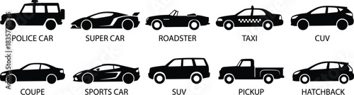 Car silhouettes, vehicle types, police car, supercar, roadster, taxi, SUV, pickup, hatchback, coupe, sports car 