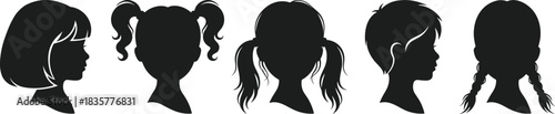 Children hairstyle silhouette, black profile vector, diverse kids haircut, artistic head shapes, isolated design, educational, multicultural, graphic illustration