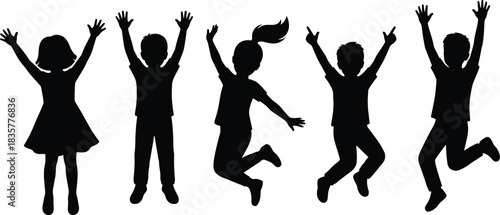 Children jumping silhouettes, happy kids, joyful movement, playful energy, childhood celebration, black figures, white background, active pose, expressive gesture, fun