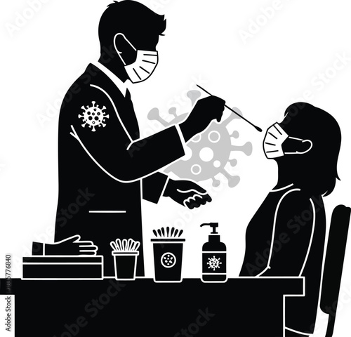 Medical professional performs nasal swab covid 19 test on seated patient wearing mask at a desk vector