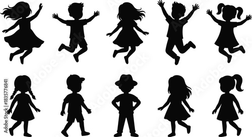 Children silhouette, jumping kids, dancing children, playful posture, childhood joy, active youth, diverse poses, happy kids, energetic movement, fun activity