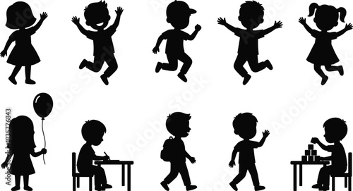 Children silhouettes, playful kids, school activities, childhood fun, energetic movement, learning moments, outdoor play, student life, creative growth, educational behavior