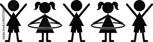 Children, stick figures, hula hoop, playful kids, physical activity, exercise, fun, cartoon, vector, illustration, girls, boys, happy, movement, fitness, recreation, childhood, sports, dance, outdoor
