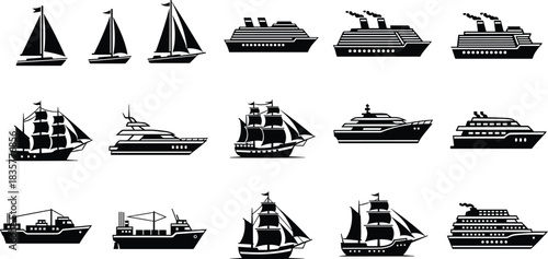 Collection of black and white vector illustrations showcasing diverse boats and ships from different eras, styles, and maritime functions