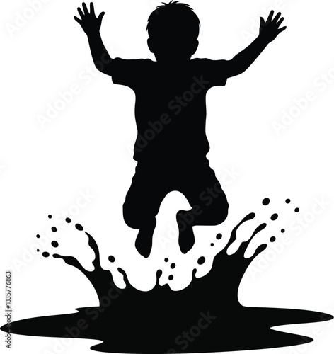 Joyful child silhouette jumping in water splash outdoor summer fun activity vector