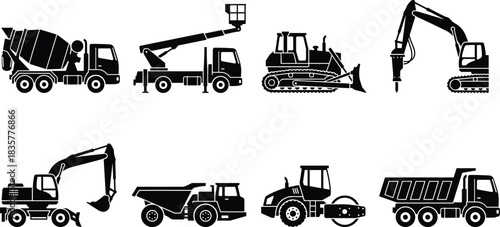 Construction vehicles, heavy machinery, industrial equipment, earthmoving tools, demolition machines, roadwork gear, excavation trucks, building site, silhouette icons, vector set