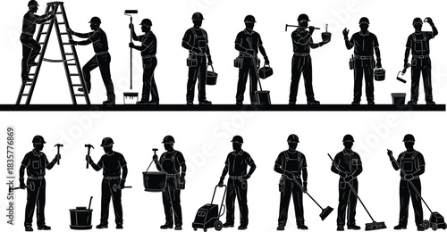 construction workers, maintenance crew, labor silhouettes, painting, cleaning, building, tools, ladder, mop, broom, hammer, trowel, roller, bucket, teamwork, job site, manual labor