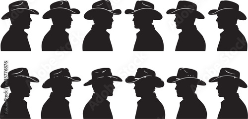 Cowboy silhouette profiles, western hats, vintage style, black shadows, ranch fashion, rustic culture, Americana theme, iconic headwear, frontier identity, timeless western vibe