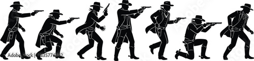 Cowboy, silhouette, gunfighter, western, action, dramatic, pistol, rifle, shootout, wild west, outlaw, stance, vintage, cinematic, duel, sheriff, gunslinger, coat, boots, hat
