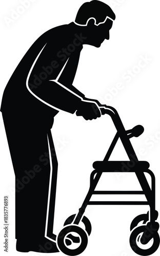 Silhouette elderly man walking with a walker mobility aid for seniors independence support vector