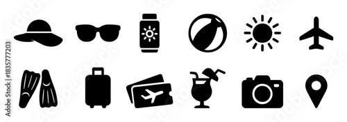 Travel and vacation solid icons set with hat, sunglasses, sunscreen, beach ball, sun, airplane, luggage and camera