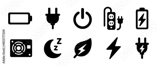 Power and energy solid icons set with battery, plug, power button, power strip, green leaf and lightning bolt