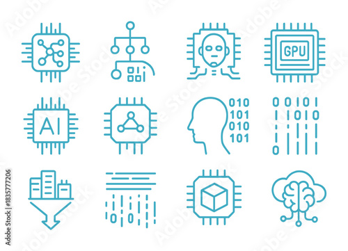 AI and data processing blue line icons set with neural chips, heads, binary code, data streams and cloud brain
