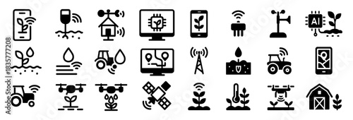 Smart farming and IoT agriculture solid icons set with sensors, smartphone, tractor, drone, satellite and cloud plants