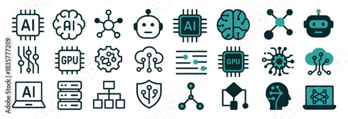 AI and neural network teal icons set with chips, brains, robots, cloud connections and data analytics symbols
