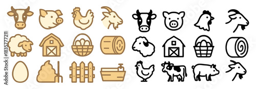 Farm animals and agriculture icons set with cow, pig, goat, sheep, barn, hay bale, eggs, fence and trough in outline style