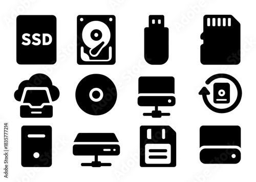 Data storage solid icons set with SSD, hard disk, USB flash drive, SD card, cloud backup, floppy and external drive