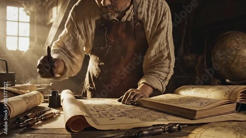 4K Man Using Quill Writing Ancient Text in a Historical Workshop