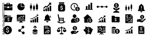 Finance and investment solid icons set with briefcase, pie chart, candlesticks, reports, piggy bank, scales and dollar coin