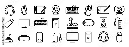 Computer peripherals outline icons set with headset, mouse, graphic tablet, webcam, joystick, speakers and USB hub