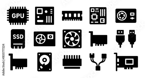 PC hardware solid icons set with GPU, motherboard, RAM, SSD, fan, cables and hard drive for computer components design