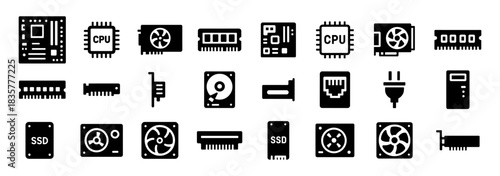 Computer hardware solid icons set with motherboard, CPU, graphics card, RAM, hard drive, SSD, fan and power connector