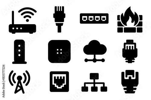 Network and internet solid icons set with router, ethernet cable, switch, firewall, antenna and cloud connection