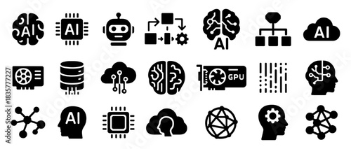 AI and cryptocurrency solid icons set with brain chips, GPU, cloud servers, graphs and neural network heads