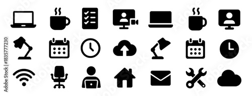 Remote work and home office solid icons set with laptop, coffee cup, checklist, video call, calendar, clock and chair