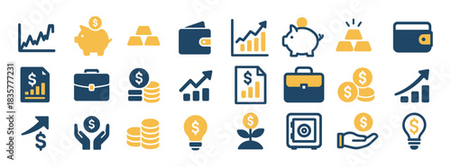 Finance and savings flat icons set in blue and yellow with graphs, piggy bank, wallet, coins, safe and money plant