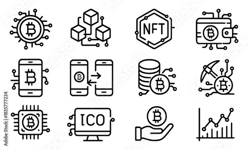 Cryptocurrency line icons set with bitcoin chip, blockchain blocks, NFT badge, wallet, mobile transfer, mining and trading chart