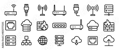 Network hardware outline icons set with router, antenna, ethernet port, firewall, switch and cloud server