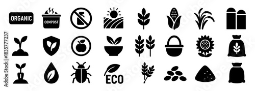 Organic farming solid icons set with organic label, compost, pesticide free sign, fields, crops, sunflower and grain sacks