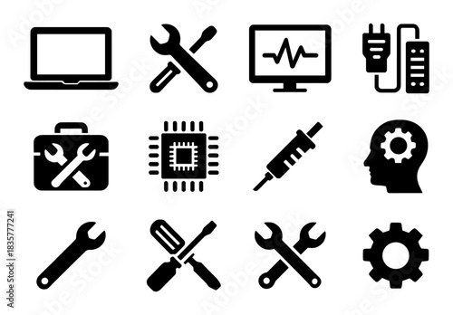 Computer service and repair solid icons set with laptop, tools, diagnostics monitor, power supply and technician head